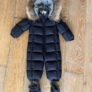 Moncler Navy Puffer Infant Snowsuit with real raccoon Fur-Trim Hood